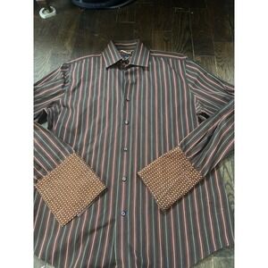 Banana Republic Shirt Mens L Brown Red Striped Flip Cuff Button Up Work‎ Office
